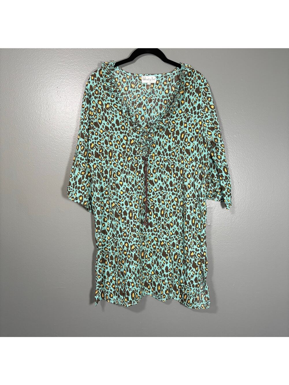 Mud Pie Bag Lady Turquoise Leopard Print 100% Linen Resort Dress - Size Small